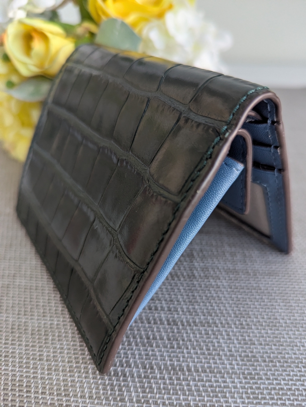 Tory Burch Blake Croc Embossed Leather Mini Wallet 4.5” Snap Deep Kelp Jacquard - Picture 4 of 15